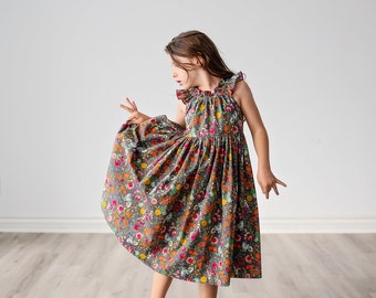 Girls Midi or Long Maxi Dress • Girls Gray Pink Floral Dress • Winter Fall Dress Flutter sleeves • Toddler Dress • Size 2 3 4 5 6 7 8 10 12