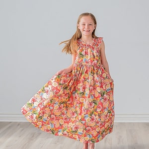 Girls Maxi or Midi Dress Girls Raspberry Coral Peach Floral SunDress Tween Twirling Birthday Summer Sun Dress Size 4 5 6 7 8 10 12 14 image 1