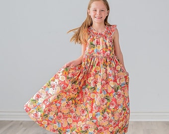 Girls Maxi or Midi Dress • Girls Raspberry Coral Peach Floral SunDress • Tween Twirling Birthday Summer Sun Dress • Size 4 5 6 7 8 10 12 14