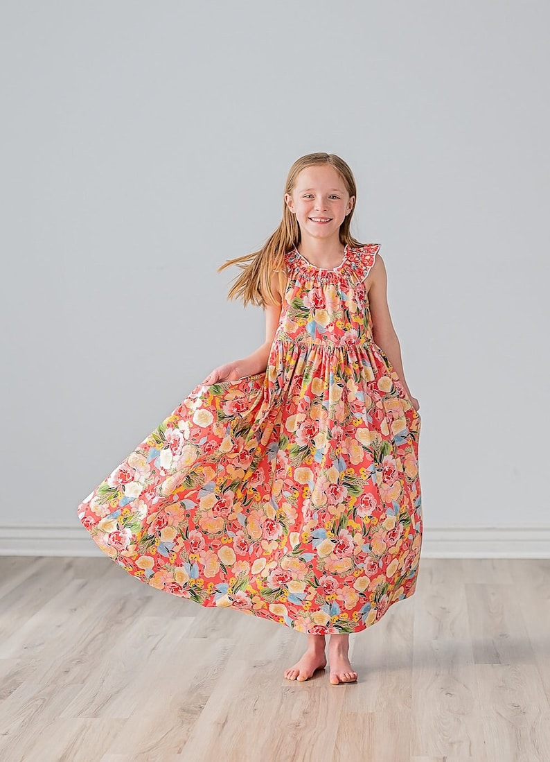 Girls Maxi or Midi Dress Girls Raspberry Coral Peach Floral SunDress Tween Twirling Birthday Summer Sun Dress Size 4 5 6 7 8 10 12 14 image 1