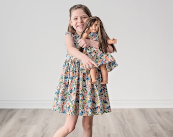 Girl & Doll matching Blue dresses • Girls Rifle Paper Co floral flutter sleeve dress • Dolly and me outfit • Lengths Knee Midi or Maxi