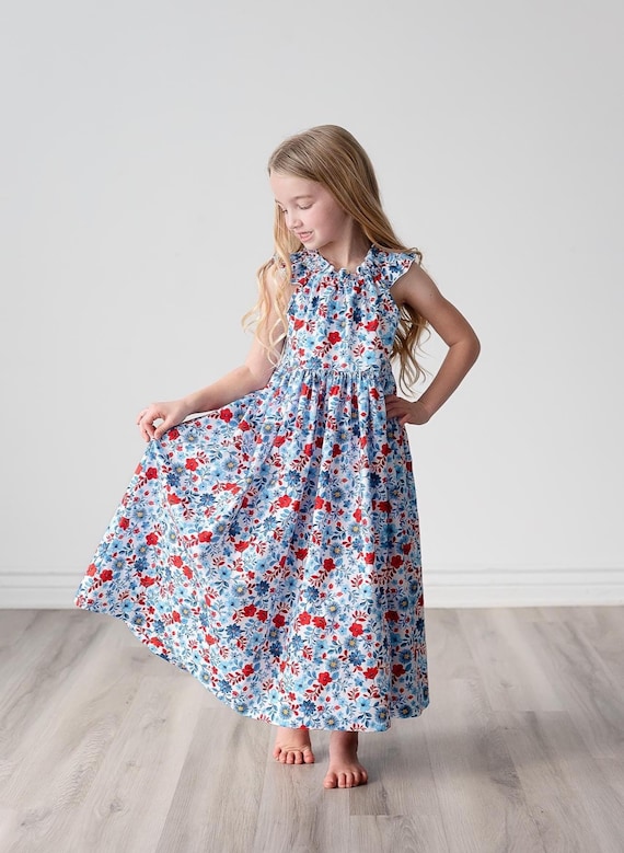 Girls Red White Blue floral dress * July 4th Fourth Patriotic Tween Toddler Flutter sleeves * Maxi Midi Knee lengths * Size 4 5 6 8 10 12 14