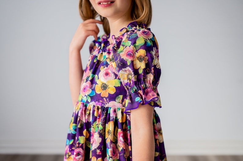 Girls Midi or Maxi Dress Purple Plum Floral Dress Girls Short Sleeve Flutter Option Sundress Tween Dress Size 4 5 6 7 8 10 12 14 image 4