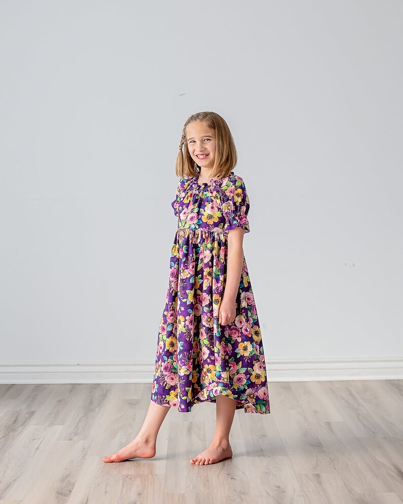 Girls Midi or Maxi Dress Purple Plum Floral Dress Girls Short Sleeve Flutter Option Sundress Tween Dress Size 4 5 6 7 8 10 12 14 image 3