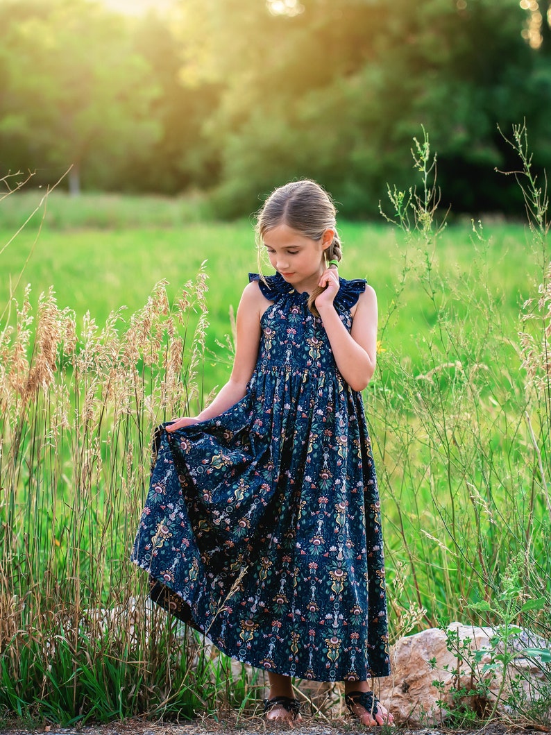 Girls Long Maxi or Midi Dress Girls Midnight Navy Dress Birthday Fall Family Picture Tween Dress Size 2 3 4 5 6 7 8 10 12 14 image 1