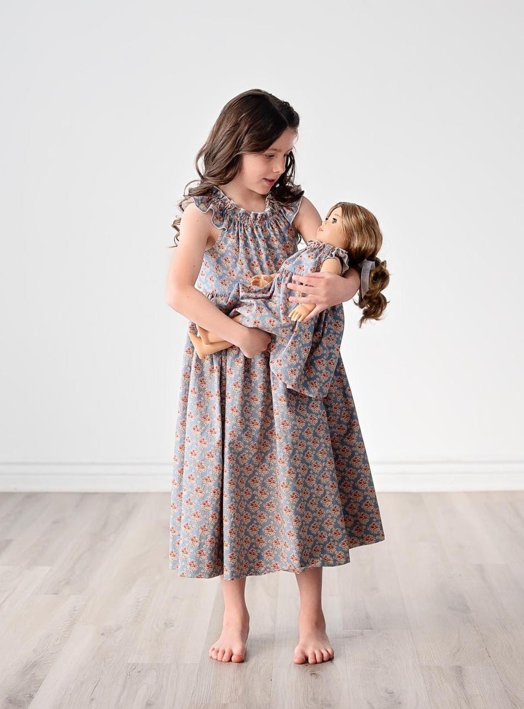 Toddler Dollie And Me Dresses Girl And Doll Matching Blue Rose Dress   Tilda Floral Flutter