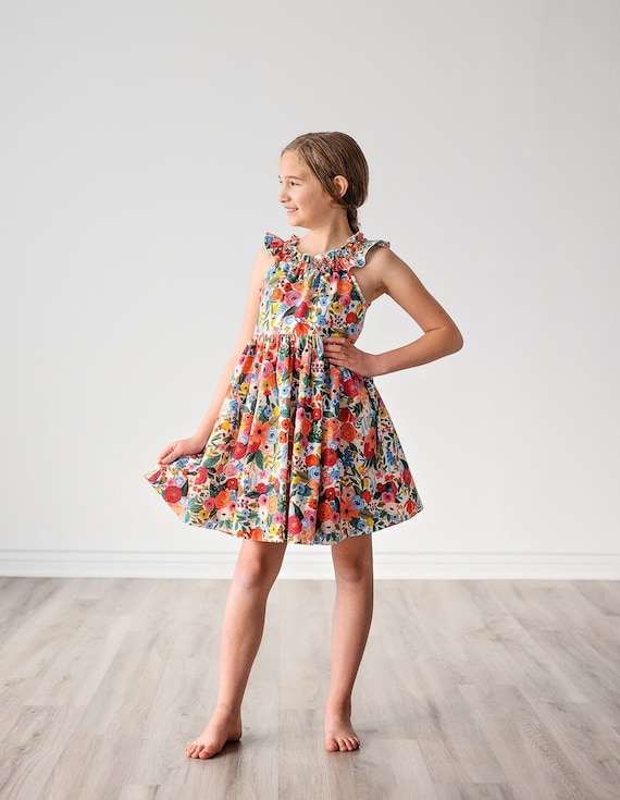 Girls Knee Maxi Midi Length Dress  Girls Rifle Paper Co Sundress  Girls  Toddler Summer Dress  Tween Dress  Size 2 3 4 5 6 7 8 10 12 14 - Etsy UK