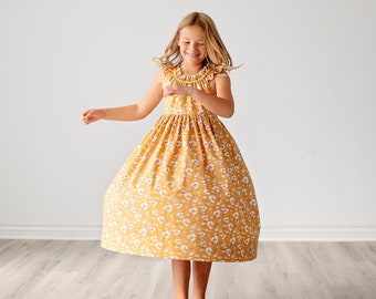 Girls Maxi or Midi Dress • Girls Butterscotch Yellow Floral Dress with sleeves • Tween Twirling Summer Sun Dress • Sizes 4 5 6 7 8 10 12 14