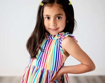 Girls Rainbow Stripe Dress • Girls Rainbow Dress • Cotton Toddler dress • Twirly dress • Sizes 12M 1T 2T 3T 4 5 6 7 8 10 12 14