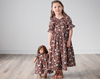 Girl & Doll matching Burgundy floral dresses • Girls Rifle Paper Co elbow sleeve dress • Dolly and me outfit • Knee, Midi, or Maxi lengths