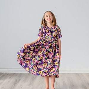 Girls Midi or Maxi Dress Purple Plum Floral Dress Girls Short Sleeve Flutter Option Sundress Tween Dress Size 4 5 6 7 8 10 12 14 image 2