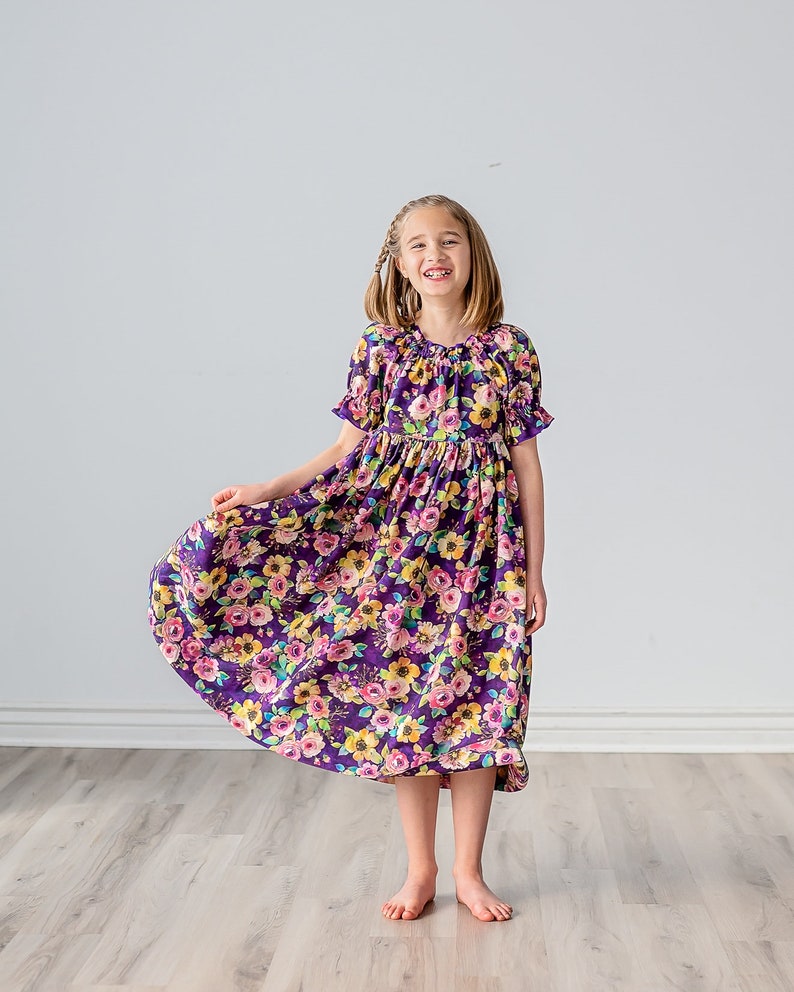 Girls Midi or Maxi Dress Purple Plum Floral Dress Girls Short Sleeve Flutter Option Sundress Tween Dress Size 4 5 6 7 8 10 12 14 image 2