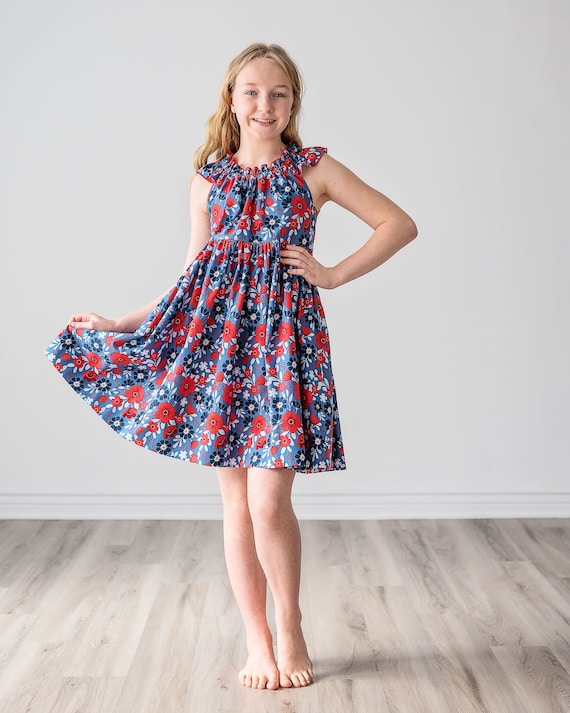 Girls Maxi or Midi Dress July 4 Fourth Navy Blue Red White Dress Girls Birthday Floral Sundress Tween Dress Size 4 5 6 7 8 10 12 14 Etsy