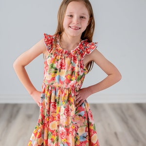 Girls Maxi or Midi Dress Girls Raspberry Coral Peach Floral SunDress Tween Twirling Birthday Summer Sun Dress Size 4 5 6 7 8 10 12 14 image 4