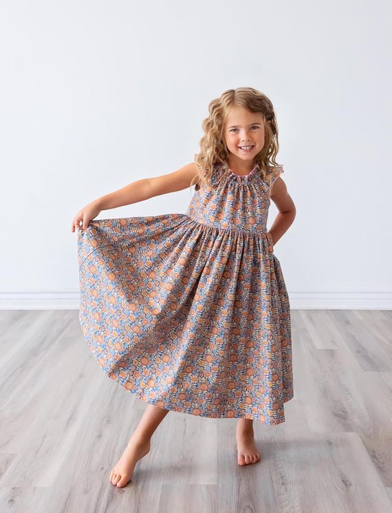 Girls Tilda Blue Pink Brown Floral Dress * Flutter Sleeves * Long Maxi Midi Knee Lengths * Cotton Tween Toddler Dress * Size 4 5 6 8 10 12