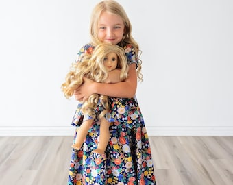 Girl and Doll matching Vintage Blue Dress • Rifle Paper Co floral • Puff sleeve • Dolly and me outfit• American Girl 18" Baby doll 15"