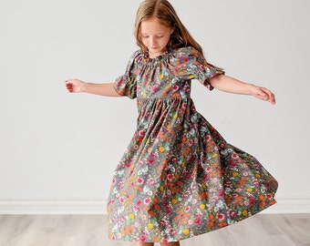 Girls Midi or Long Maxi Dress • Girls Gray Pink Floral Dress • Dress Elbow sleeves • Tween Toddler Dress • Size 2 3 4 5 6 7 8 10 12 14