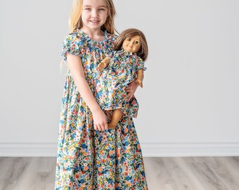 Girl & Doll matching Blue dresses • Girls Rifle Paper Co floral short sleeve dress • Dolly and me outfit • Offered in Knee Midi Maxi lengths