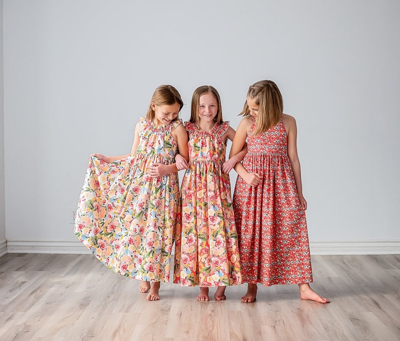 Girls Maxi or Midi Dress Girls Raspberry Coral Peach Floral SunDress Tween Twirling Birthday Summer Sun Dress Size 4 5 6 7 8 10 12 14 image 6