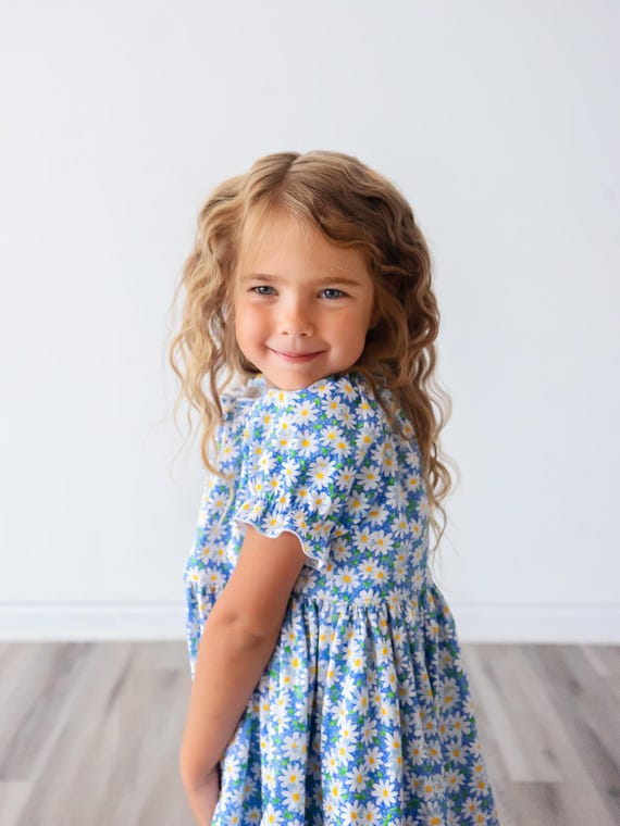Girls Daisy Blue Dress * Girl Tween Toddler Summer Birthday Dress * Bubble sleeves * Knee, Midi, Maxi lengths * Size 2 3 4 5 6 7 8 10 12