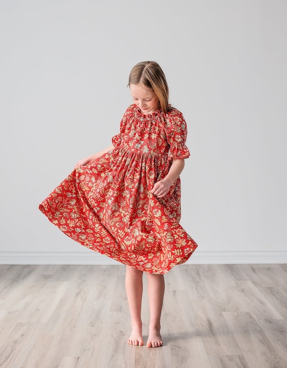 Girls Vintage Rouge Red Dress Girls Tween Toddler Floral Dress Knee Midi Maxi Lengths Dress W Elbow Sleeves Size 4 5 6 7 8 10 12 Etsy