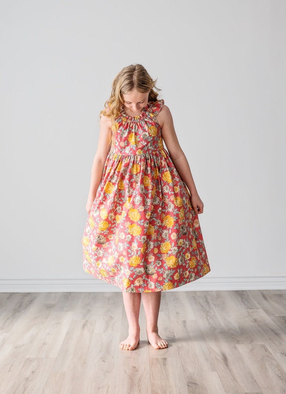 Girls Vintage Yellow Rose Pink Dress  Girls Tween Toddler Floral Dress   Knee, Midi, Maxi Lengths  Flutter Sleeves  Size 4 5 6 7 8 10 12 - Etsy