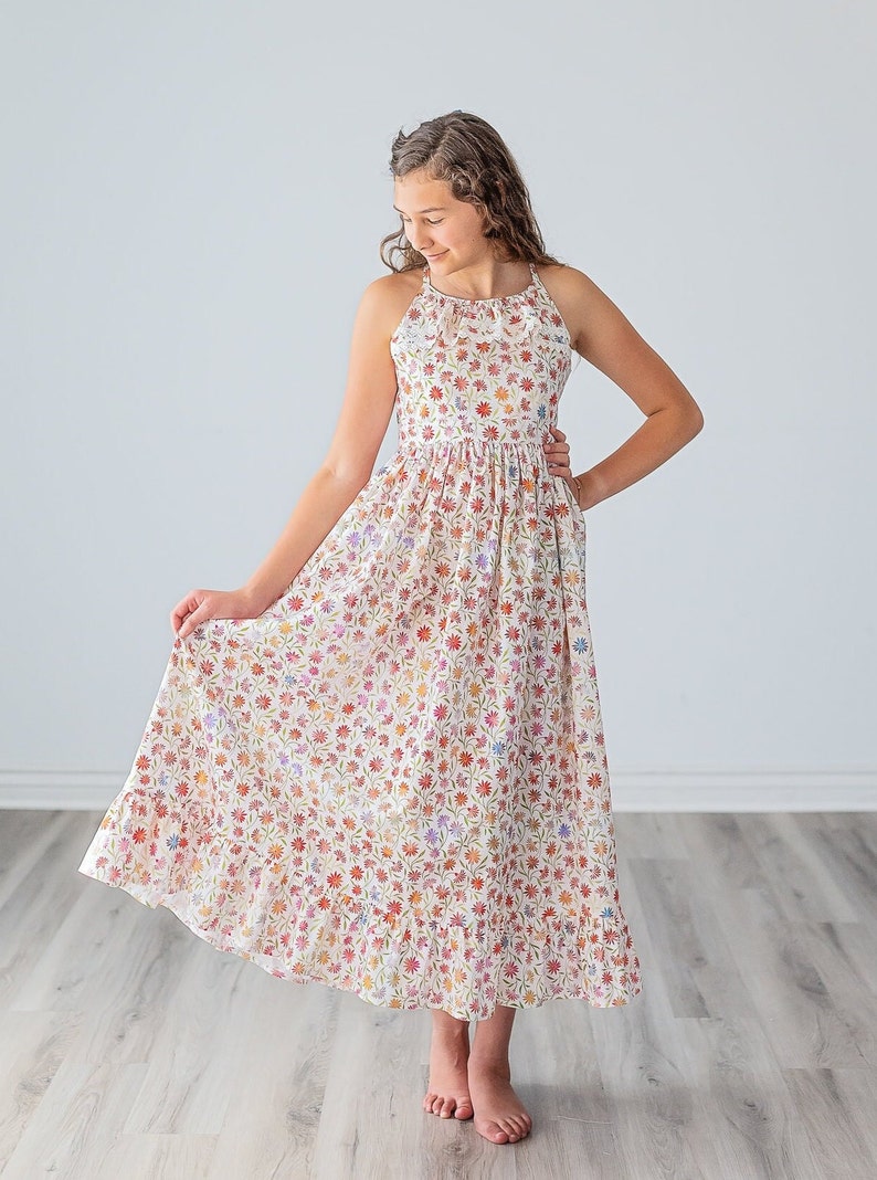 Girls Long Maxi or Midi Dress Girls Soft Floral Ruffled Lace detail Dress Summer SunDress Tween Dance Dress Sizes 4 5 6 7 8 10 12 image 2