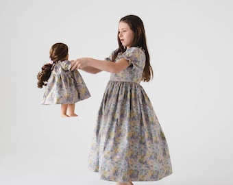 Girl and Doll matching Dress • Girls Rifle Paper Co Mimi Blue floral bubble sleeve • Dolly and me outfit • 18" American Girl 15" Bitty Baby