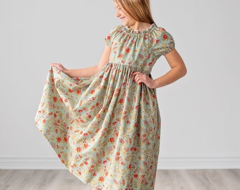 Girls Vintage Aqua Dress • Girls Tween Toddler floral Dress • Knee, Midi, Maxi lengths • Dress w/ Puff sleeves • Size 3 4 5 6 7 8 10 12