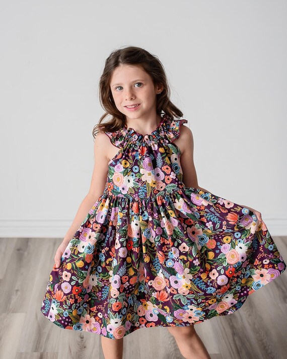 strapless open back dress Girls Dress Black And Purple Flower Halter Dress – Sunny Fashion main image 1
