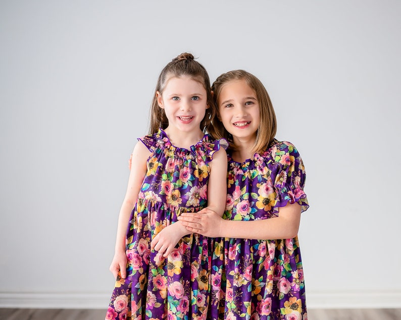 Girls Midi or Maxi Dress Purple Plum Floral Dress Girls Short Sleeve Flutter Option Sundress Tween Dress Size 4 5 6 7 8 10 12 14 image 7