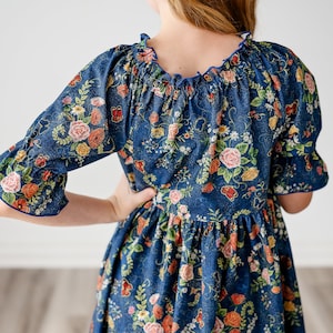 Girls Midi or Maxi Long Dress Girls Denim Blue floral Dress Elbow length sleeve Tween or Toddler Dress Size 2 3 4 5 6 7 8 10 12 14 image 7