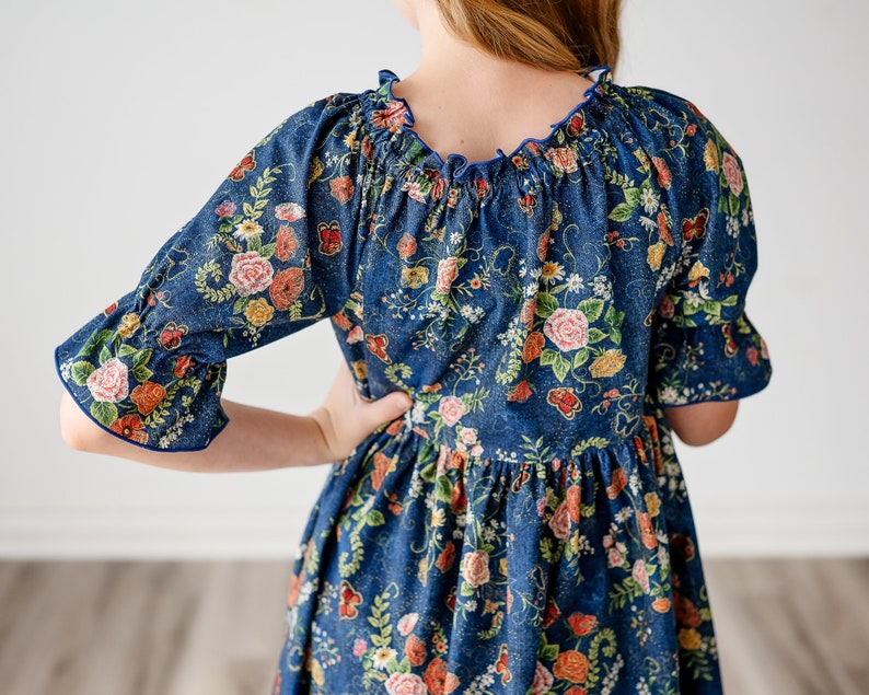 Girls Midi or Maxi Long Dress Girls Denim Blue floral Dress Elbow length sleeve Tween or Toddler Dress Size 2 3 4 5 6 7 8 10 12 14 image 7