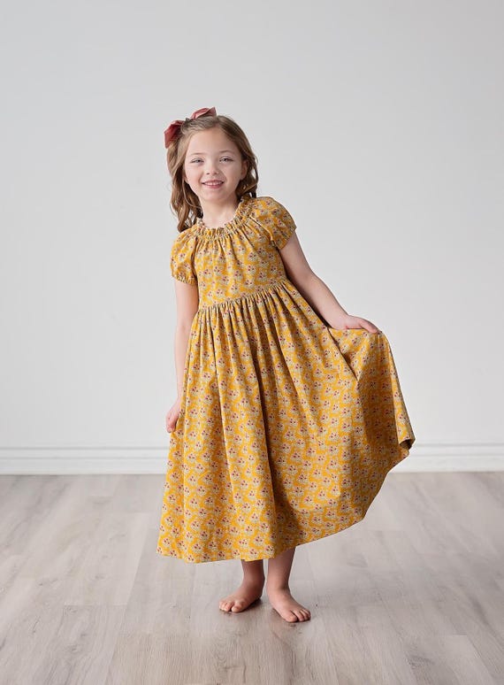 Girls Tilda Yellow Rose Floral Dress  Puff Sleeves  Long Maxi Midi Knee  Lengths  Cotton Tween Toddler Dress  Size 4 5 6 8 10 12 14 - Etsy