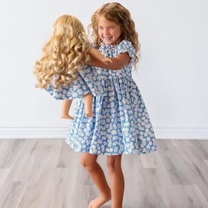Girl and Doll matching Daisy Blue or Pink dress • Bubble sleeves • American Doll Bitty Baby • Dolly & Me • Knee Midi Maxi Options