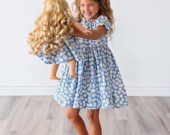 Girl and Doll matching Daisy Blue or Pink dress • Bubble sleeves • Knee Midi Maxi Options • American Doll Bitty Baby Minikane • Dolly & Me