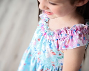 Girls Blue Pink Dress • Girls Fairy Strawberries floral Dress • Cotton Toddler dress • Matching doll dress • Sizes 12M 1T 2 3 4 5 6 7 8