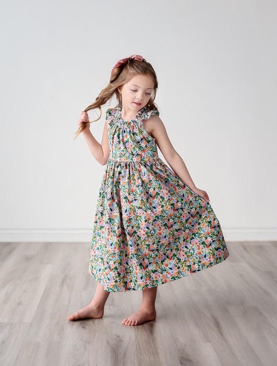 Girls Rifle Paper Co Petite Floral Mint Dress Flutter sleeves * Girl Tween Toddler Dress * Knee, Midi, Maxi length *Size 2 3 4 5 6 7 8 10 12