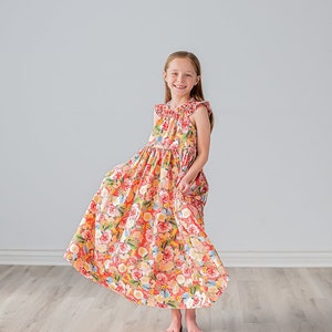 Girls Maxi or Midi Dress Girls Raspberry Coral Peach Floral SunDress Tween Twirling Birthday Summer Sun Dress Size 4 5 6 7 8 10 12 14 image 3