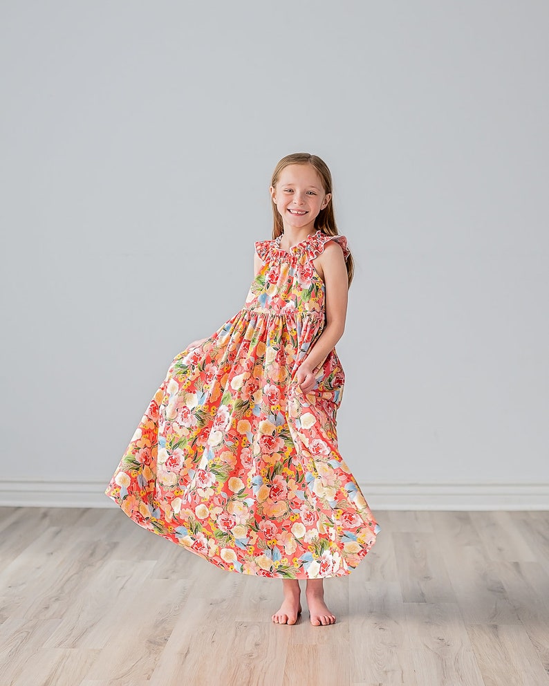 Girls Maxi or Midi Dress Girls Raspberry Coral Peach Floral SunDress Tween Twirling Birthday Summer Sun Dress Size 4 5 6 7 8 10 12 14 image 3