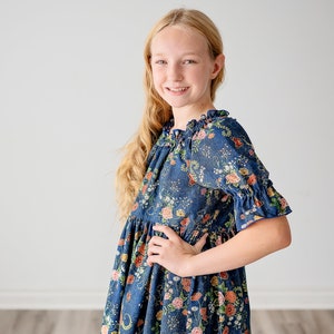 Girls Midi or Maxi Long Dress Girls Denim Blue floral Dress Elbow length sleeve Tween or Toddler Dress Size 2 3 4 5 6 7 8 10 12 14 image 5