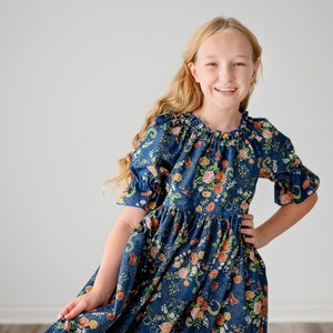 Girls Midi or Maxi Long Dress Girls Denim Blue floral Dress Elbow length sleeve Tween or Toddler Dress Size 2 3 4 5 6 7 8 10 12 14 image 3