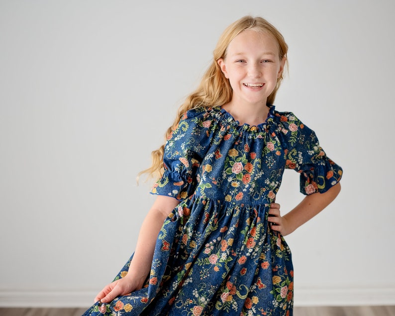 Girls Midi or Maxi Long Dress Girls Denim Blue floral Dress Elbow length sleeve Tween or Toddler Dress Size 2 3 4 5 6 7 8 10 12 14 image 3