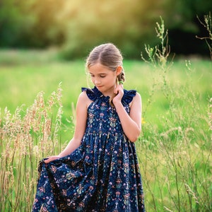 Girls Long Maxi or Midi Dress Girls Midnight Navy Dress Birthday Fall Family Picture Tween Dress Size 2 3 4 5 6 7 8 10 12 14 image 3