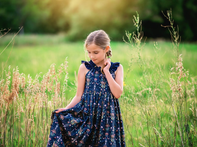 Girls Long Maxi or Midi Dress Girls Midnight Navy Dress Birthday Fall Family Picture Tween Dress Size 2 3 4 5 6 7 8 10 12 14 image 3