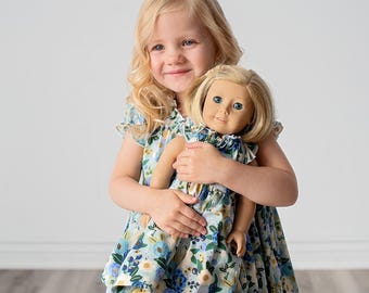 Girl and Doll matching Blue Mint Dress • Rifle Paper Co floral • Long Midi Knee length • Dolly & me outfit• 18" American Girl 15" Bitty Baby