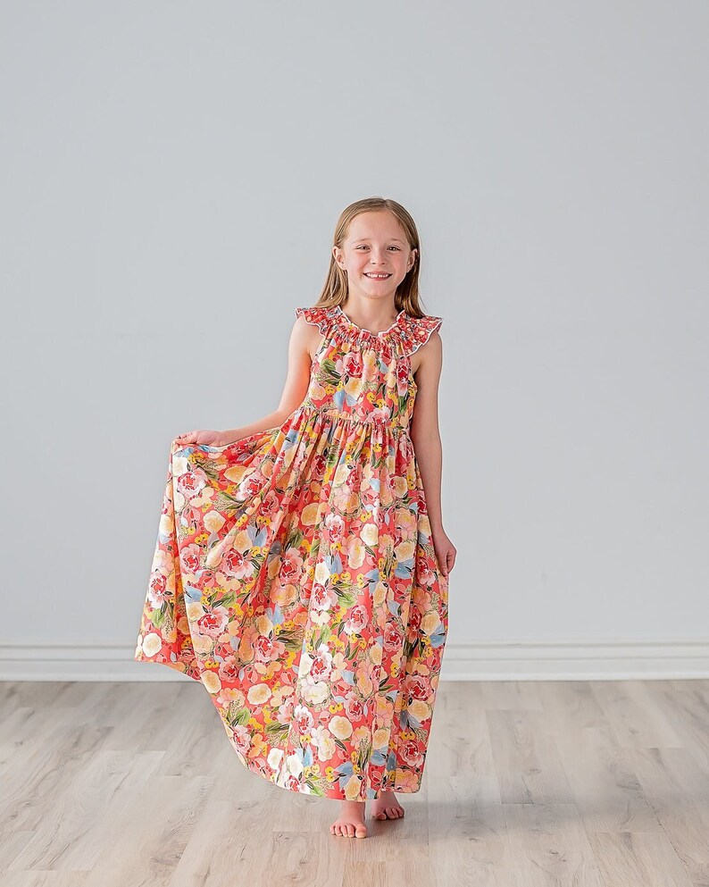 Girls Maxi or Midi Dress Girls Raspberry Coral Peach Floral SunDress Tween Twirling Birthday Summer Sun Dress Size 4 5 6 7 8 10 12 14 image 2