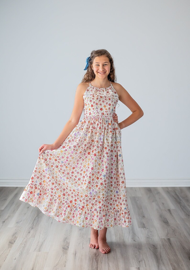 Girls Long Maxi or Midi Dress Girls Soft Floral Ruffled Lace detail Dress Summer SunDress Tween Dance Dress Sizes 4 5 6 7 8 10 12 image 1