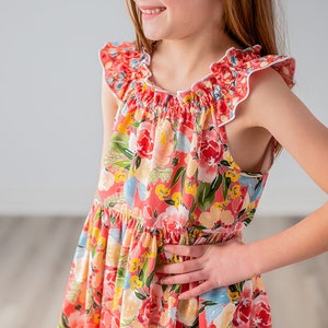 Girls Maxi or Midi Dress Girls Raspberry Coral Peach Floral SunDress Tween Twirling Birthday Summer Sun Dress Size 4 5 6 7 8 10 12 14 image 5