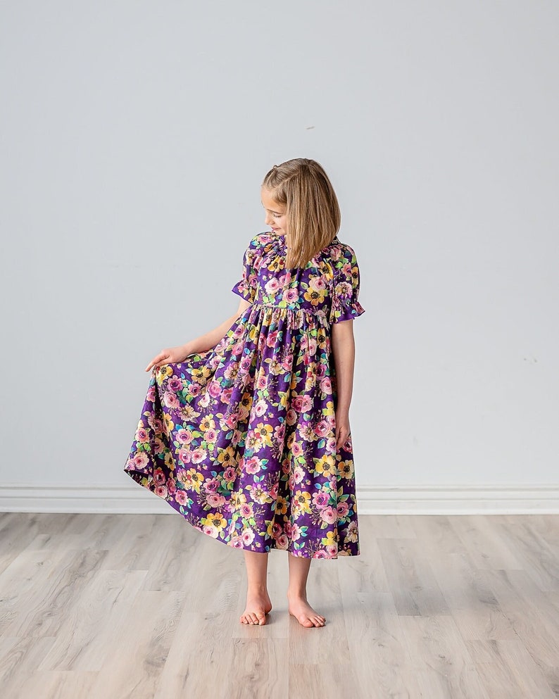 Girls Midi or Maxi Dress Purple Plum Floral Dress Girls Short Sleeve Flutter Option Sundress Tween Dress Size 4 5 6 7 8 10 12 14 image 1
